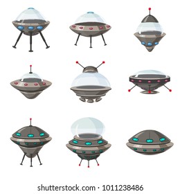 UFO set, alien spaceships, cartoon style, isolated, vector, illustration