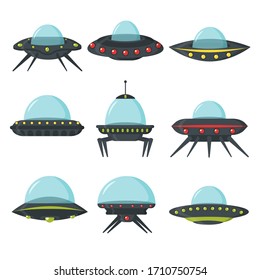 UFO set, alien spaceships, flat style. Color set of alien circle plates for the game UI. Spaceship in the form of a plate for transportation. NLO vector set in cartoon style. Vector illustration.