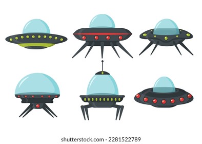 UFO set, alien spaceships, flat style. Spaceship in the form of a plate for transportation. NLO vector set in cartoon style. Color set of alien circle plates for the game UI. Vector illustration.