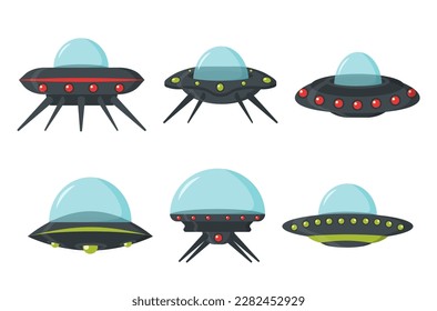 UFO set, alien spaceships, flat style. Spaceship in the form of a plate for transportation. NLO vector set in cartoon style. Color set of alien circle plates for the game UI. Vector illustration.