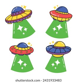 Ufo set collection doodle hand drawn illustration