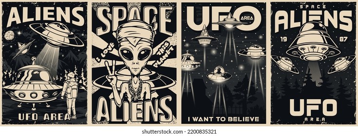 UFO set flyers vintage monochrome flying saucers with rays light during landing of aliens or Martians on earth vector illustration