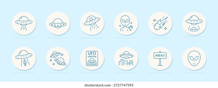 Icono de conjunto OVNI. Iconos de contorno circular de platillos voladores, extraterrestres, secuestros, avistamientos de ciudades, meteoros, signos y referencias del área 51 en un diseño simple de temática extraterrestre
