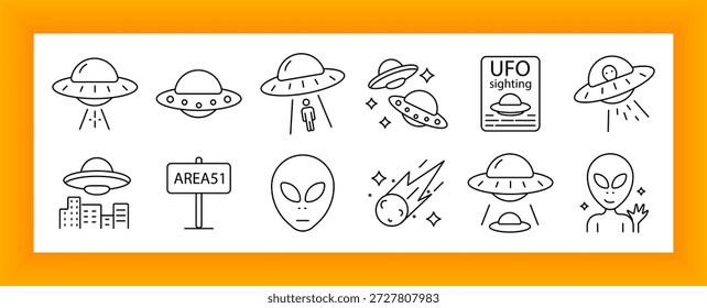 Icono de conjunto OVNI. Platillos voladores, rostros alienígenas, avistamientos, estrellas, meteoros, letrero AREA51, secuestros e imágenes relacionadas con el espacio representadas en Elementos temáticos extraterrestres estilizados.