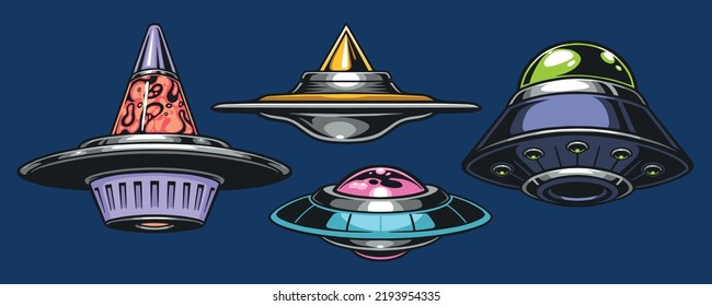 UFO Set Labels farbige Vintage fliegende Untertassen für Außerirdische und interplanetarische Weltraum Reise Star Transport Martians Vektorgrafik