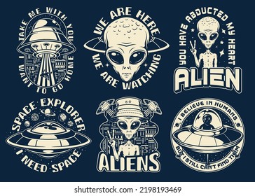 UFO set monochrome vintage posters with portraits of aliens watching earthlings from flying saucers and kidnapping people vector illustration