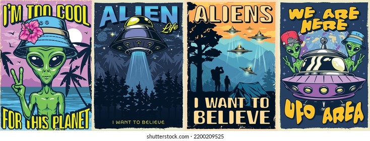 UFO set posters vintage colorful portraits green aliens and people watching landing flying saucers that arrived from space vector illustration