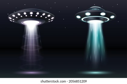 UFO set. Realistic alien spaceships with light beams. Futuristic Sci-fi unidentified spacecraft. Flying saucer and abduction spotlight ray. 3d vector illustration