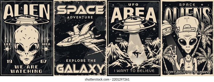 UFO set volantes vintage retratos monocromáticos de extraterrestres de galaxia distante y naves espaciales futuristas para la invasión o la ilustración de los vectores de batalla