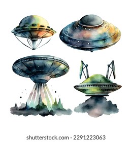 UFO set Watercolor Holiday Vector illustration Galaxy Space Humanoid