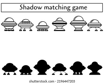 UFO shadow matching game for kids, Connect the correct contour and shadow, educational activity for children