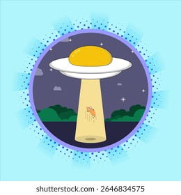 A UFO shaped like a sunny-side-up egg abducting a mysterious beam at night.Vector illustration design. EPS 10.