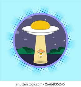 A UFO shaped like a sunny-side-up egg abducting a mysterious beam at night.Vector illustration design. EPS 10.
