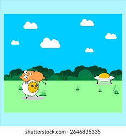 A UFO shaped like a sunny-side-up egg abducting a mysterious beam at night.Vector illustration design. EPS 10.