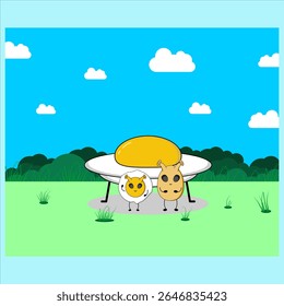 A UFO shaped like a sunny-side-up egg abducting a mysterious beam at night.Vector illustration design. EPS 10.