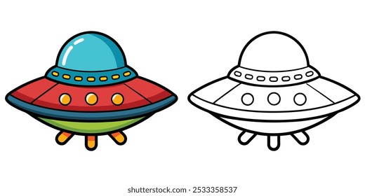 UFO Ship Cartoon Outline Coloring Page For Kids. Space Coloring Printable