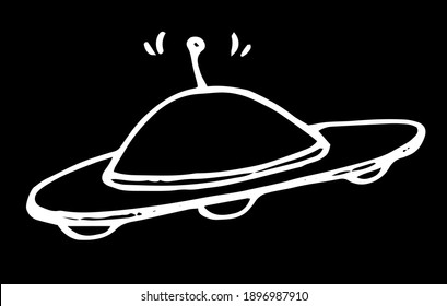 UFO ship icon, isolated element for the design of a white outline on a black background. A plate of space aliens. Vector illustration hand drawn in the style of doodle flying saucer aliens giving a si