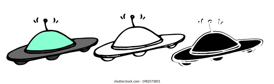 UFO ship icon, isolated set of vector elements alien flying saucer hand-drawn in a doodle style, black outline and silhouette and green glass with gray metal, giving a signal using an antenna 