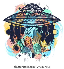 Ufo ship and mountains color tattoo art vector 