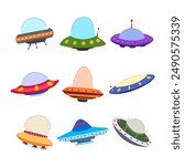 ufo ship set cartoon. saucer flying, space space, beam fantasy ufo ship sign. isolated symbol vector illustration