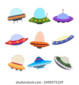 ufo ship set cartoon. saucer flying, space space, beam fantasy ufo ship sign. isolated symbol vector illustration