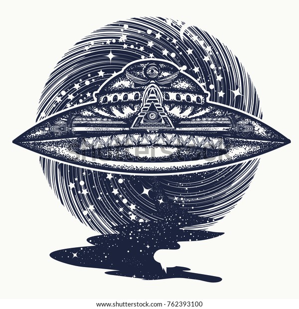 Ufo Ship Space Among Stars Tattoo Stock Vector (Royalty Free) 762393100
