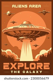 UFO ship vintage flyer monochrome with flying saucers over forest during invasion of martians on planet earth vector illustration