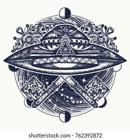 Ufo ship and vintage magic key. Mystical esoteric symbol of secret knowledge tattoo and universe t-shirt design 