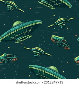 UFO ships colorful pattern seamless with flying saucers for space battles and movement of martians along milky way vector illustration