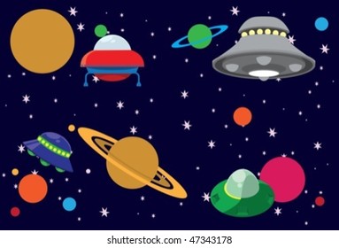 UFO ships flying in galaxy
