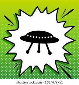 UFO simple sign. Black Icon on white popart Splash at green background with white spots. Illustration.
