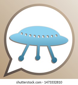 UFO simple sign. Bright cerulean icon in white speech balloon at pale taupe background. Illustration.