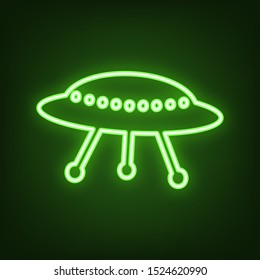 UFO simple sign. Green neon icon in the dark. Blurred lightening. Illustration.