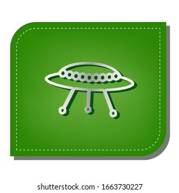UFO simple sign. Silver gradient line icon with dark green shadow at ecological patched green leaf. Illustration.