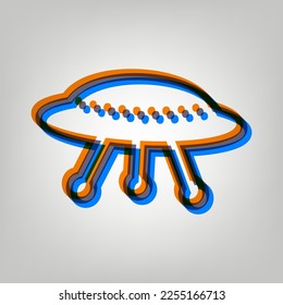 UFO einfaches Schild. Starkes Symbol auf grauem Hintergrund in Orange, Azurblau und alten Lavendelfarben. Illustration.