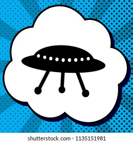 UFO simple sign. Vector. Black icon in bubble on blue pop-art background with rays.