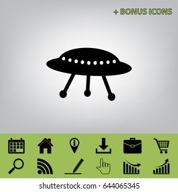 UFO simple sign. Vector. Black icon at gray background with bonus icons at celery ones