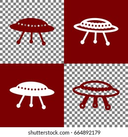 UFO simple sign. Vector. Bordo and white icons and line icons on chess board with transparent background.