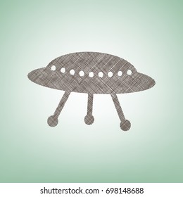 UFO simple sign. Vector. Brown flax icon on green background with light spot at the center.