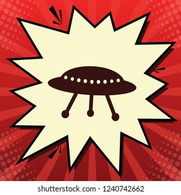 UFO simple sign. Vector. Dark red icon in lemon chiffon shutter bubble at red popart background with rays.
