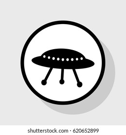 UFO simple sign. Vector. Flat black icon in white circle with shadow at gray background.