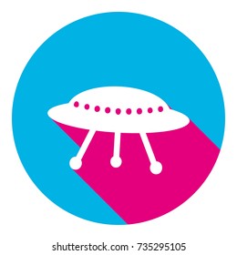 UFO simple sign. Vector. Flat white icon with mexican pink shadow inside sky blue(S and G) circle at white background. Isolated. Trend colors in 2017.