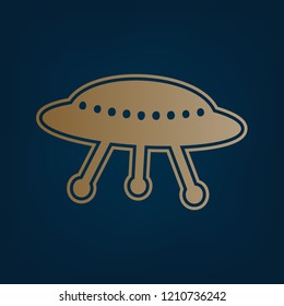 UFO simple sign. Vector. Golden icon and border at dark cyan background.
