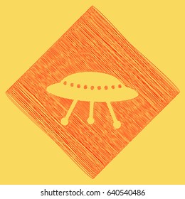 UFO simple sign. Vector. Red scribble icon obtained as a result of subtraction rhomb and path. Royal yellow background.