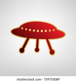 UFO simple sign. Vector. Red icon on gold sticker at light gray background.