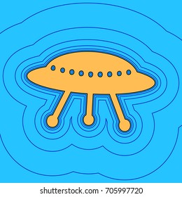 UFO simple sign. Vector. Sand color icon with black contour and equidistant blue contours like field at sky blue background. Like waves on map - island in ocean or sea.