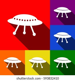UFO simple sign. Vector. Set of icons with flat shadows at red, orange, yellow, green, blue and violet background.