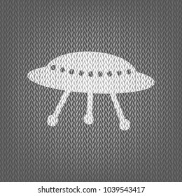 UFO simple sign. Vector. White knitted icon on gray knitted background. Isolated.