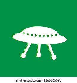 UFO simple sign. Vector. White flat icon with yellow striped shadow at green background.