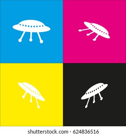 UFO simple sign. Vector. White icon with isometric projections on cyan, magenta, yellow and black backgrounds.